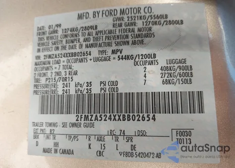 1999 Ford Windstar Se из США, поврежденный, VIN 2FMZA524XXBB02654